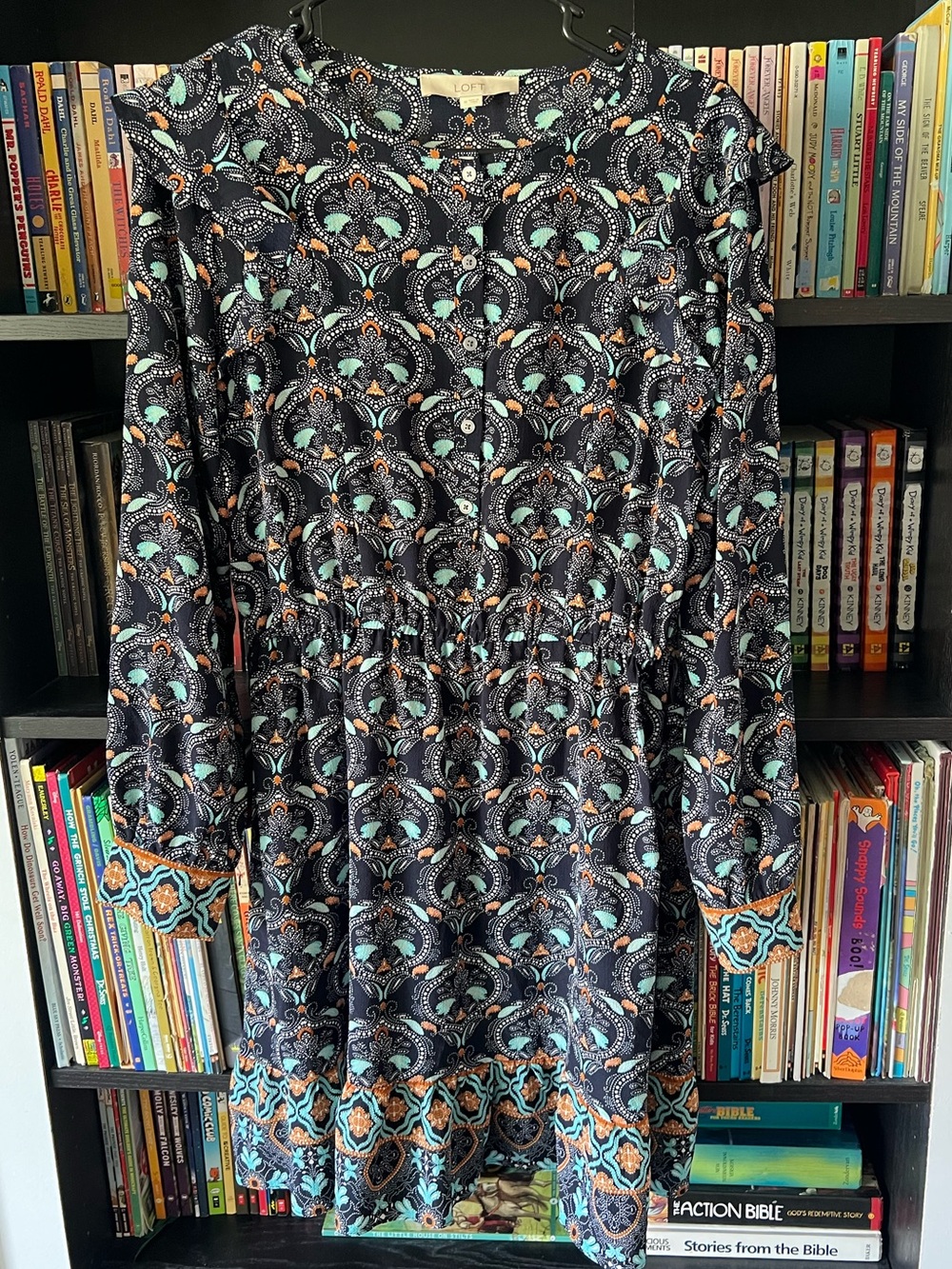 LOFT Navy Dress with Teal & Mustard Medallion Print